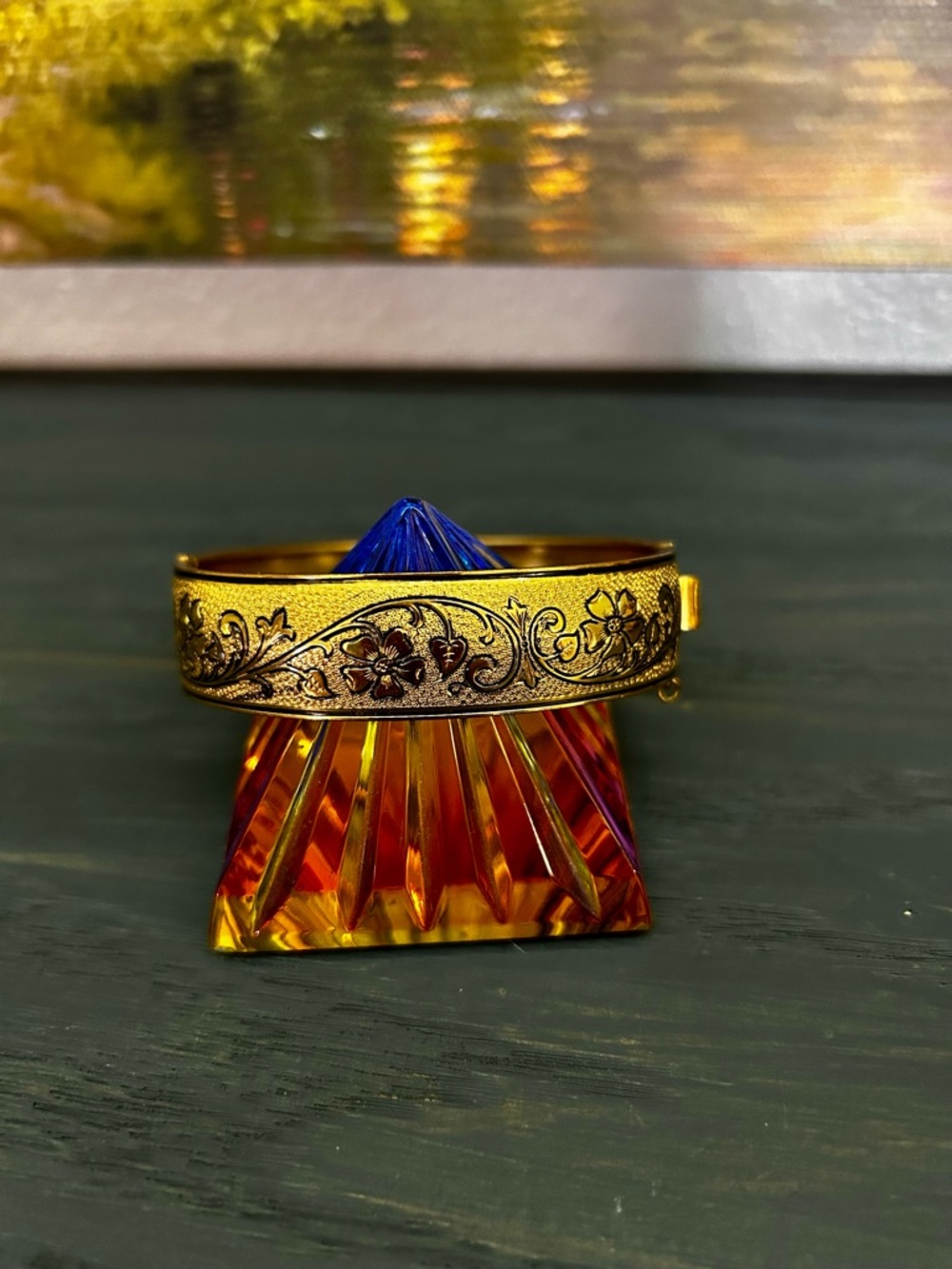 Vintage Gold Tone Floral Etched Bangle Bracelet 60s 70s Hinged Cuff